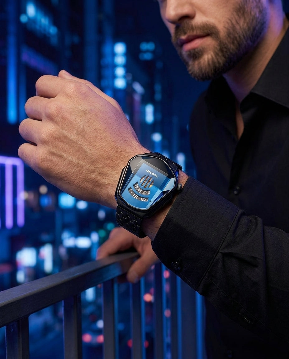 Diesel black and electric blue metal strap men's watch with faceted case