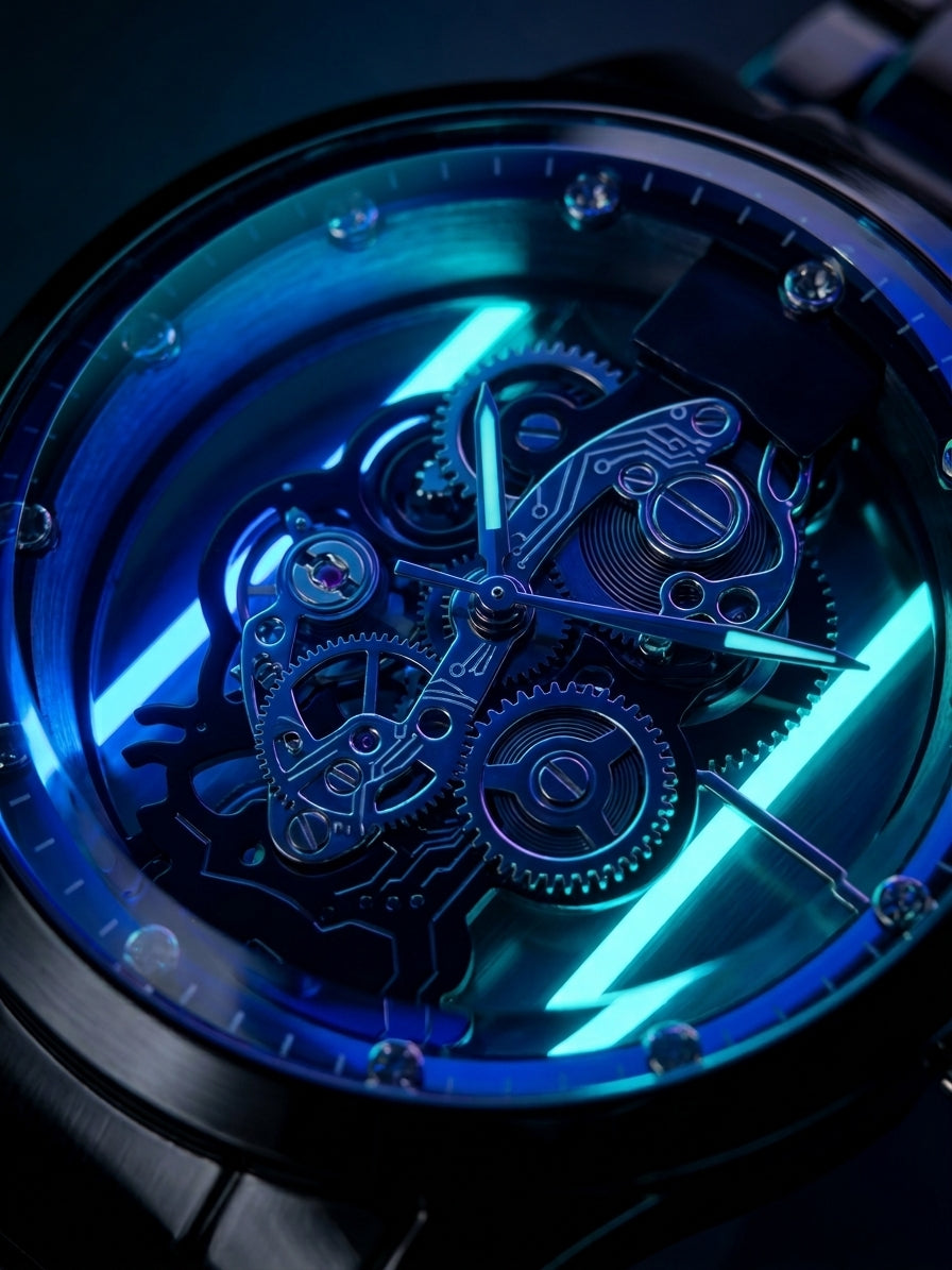 Skeleton Automatic Men's Watch | Black Steel & Blue Bezel Edition