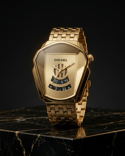 Diesel gold metal strap men's watch displayed on black marble