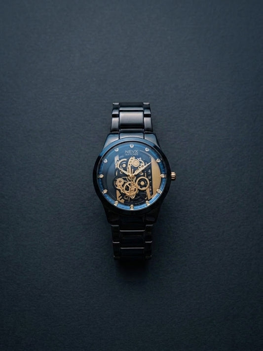Skeleton Automatic Men's Watch | Black Steel & Blue Bezel Edition