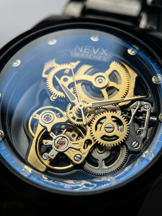 Skeleton Automatic Men's Watch | Black Steel & Blue Bezel Edition