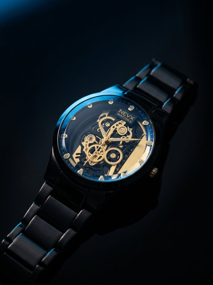 Skeleton Automatic Men's Watch | Black Steel & Blue Bezel Edition