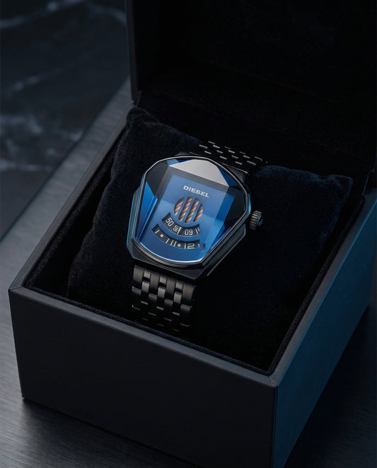 Diesel black and electric blue metal strap men's watch with faceted case