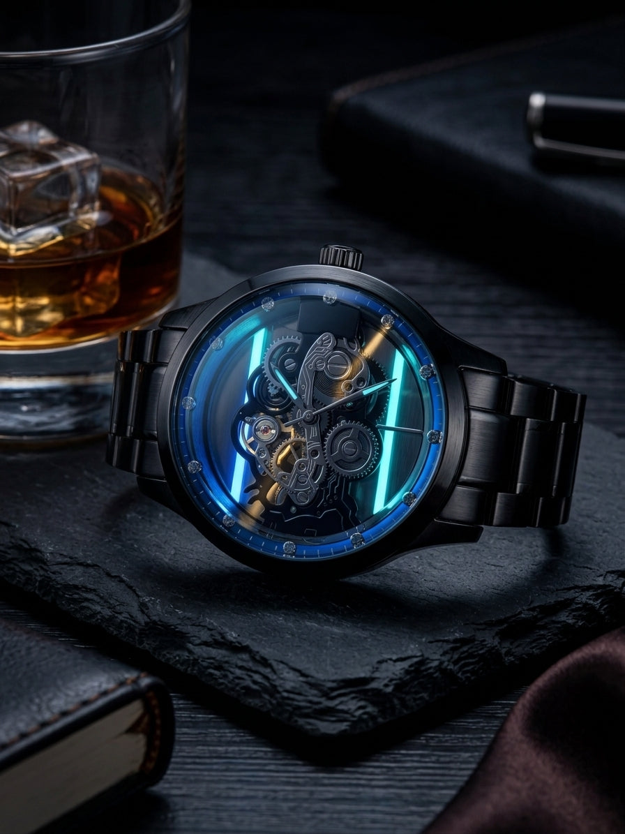 Skeleton Automatic Men's Watch | Black Steel & Blue Bezel Edition