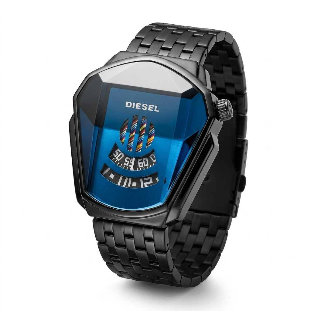 Diesel black and electric blue metal strap men's watch with faceted case