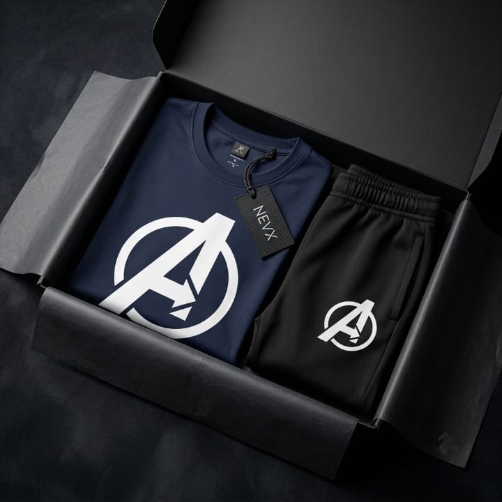 Premium Men's Micro Tracksuit – Printed Round Neck 2 Piece Set NAVY BLUE