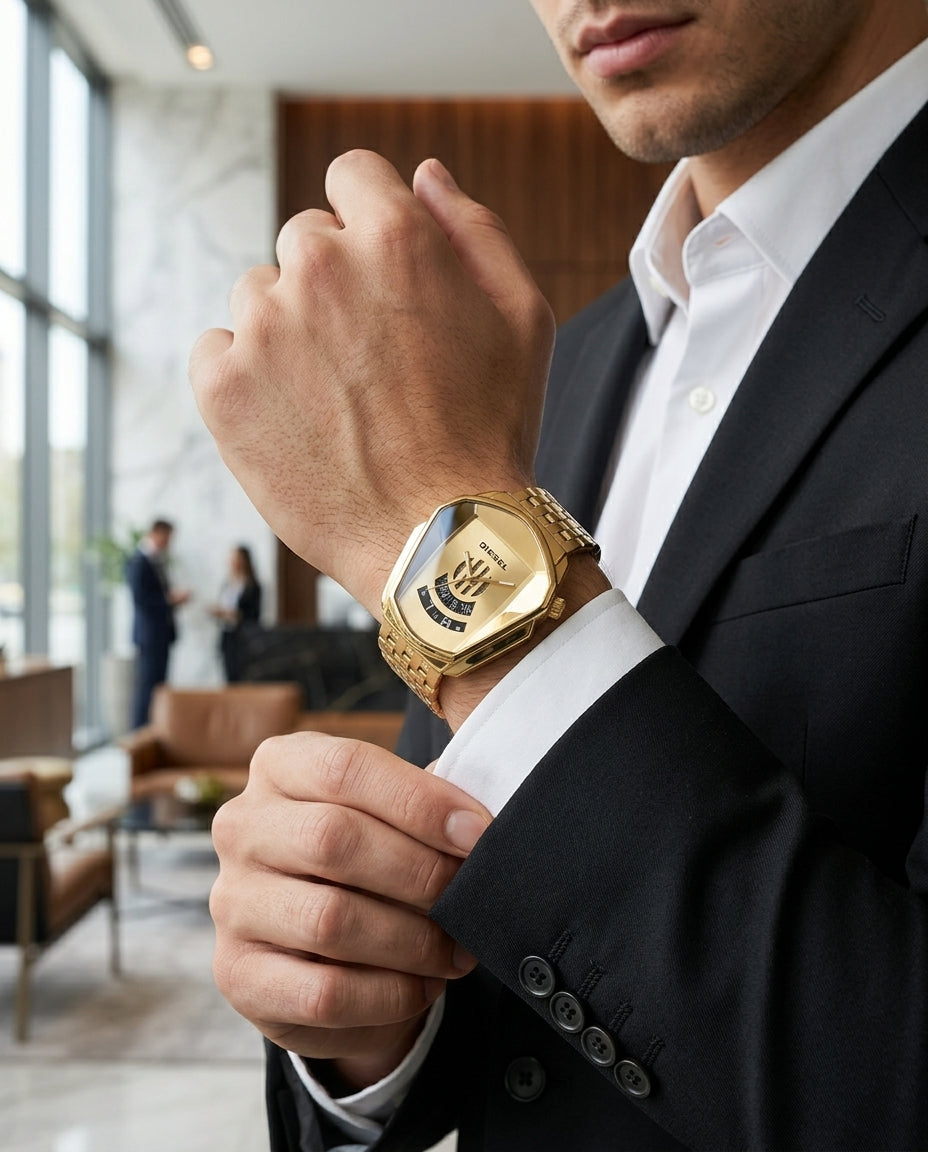 Diesel gold metal strap men's watch styled with a formal business suit