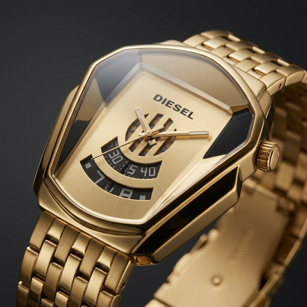 Macro close-up of Diesel gold metal strap men's watch dial and case