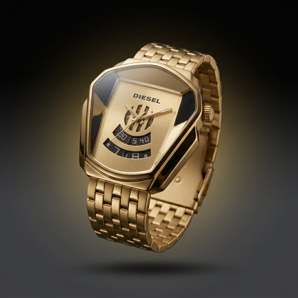 Diesel gold metal strap men's watch floating against a dark background