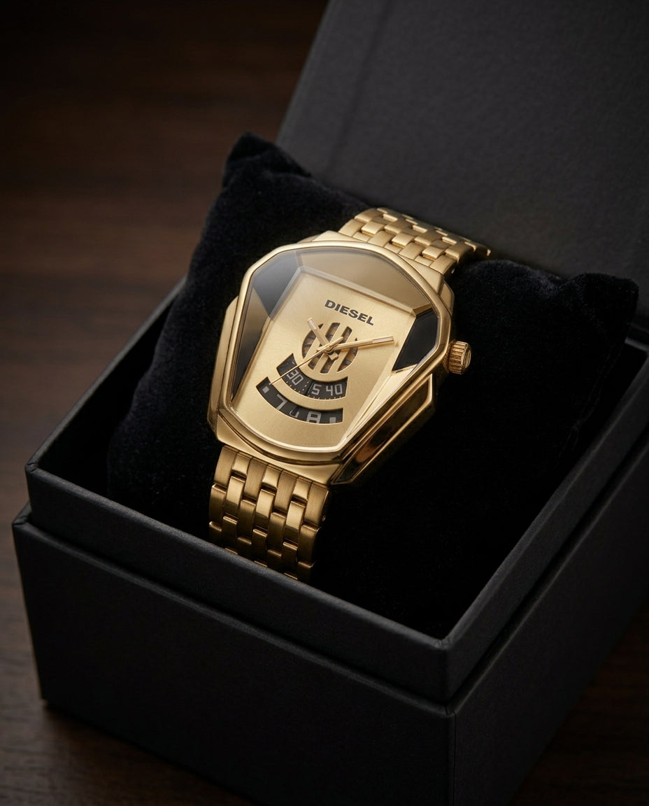 Diesel gold metal strap men's watch presented in a premium gift box