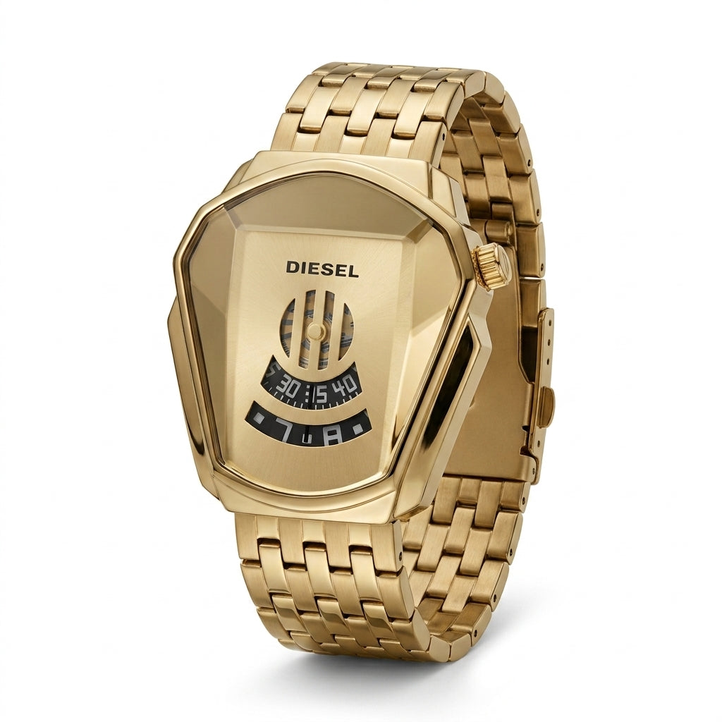 Diesel gold metal strap men's watch with a faceted case on a white background