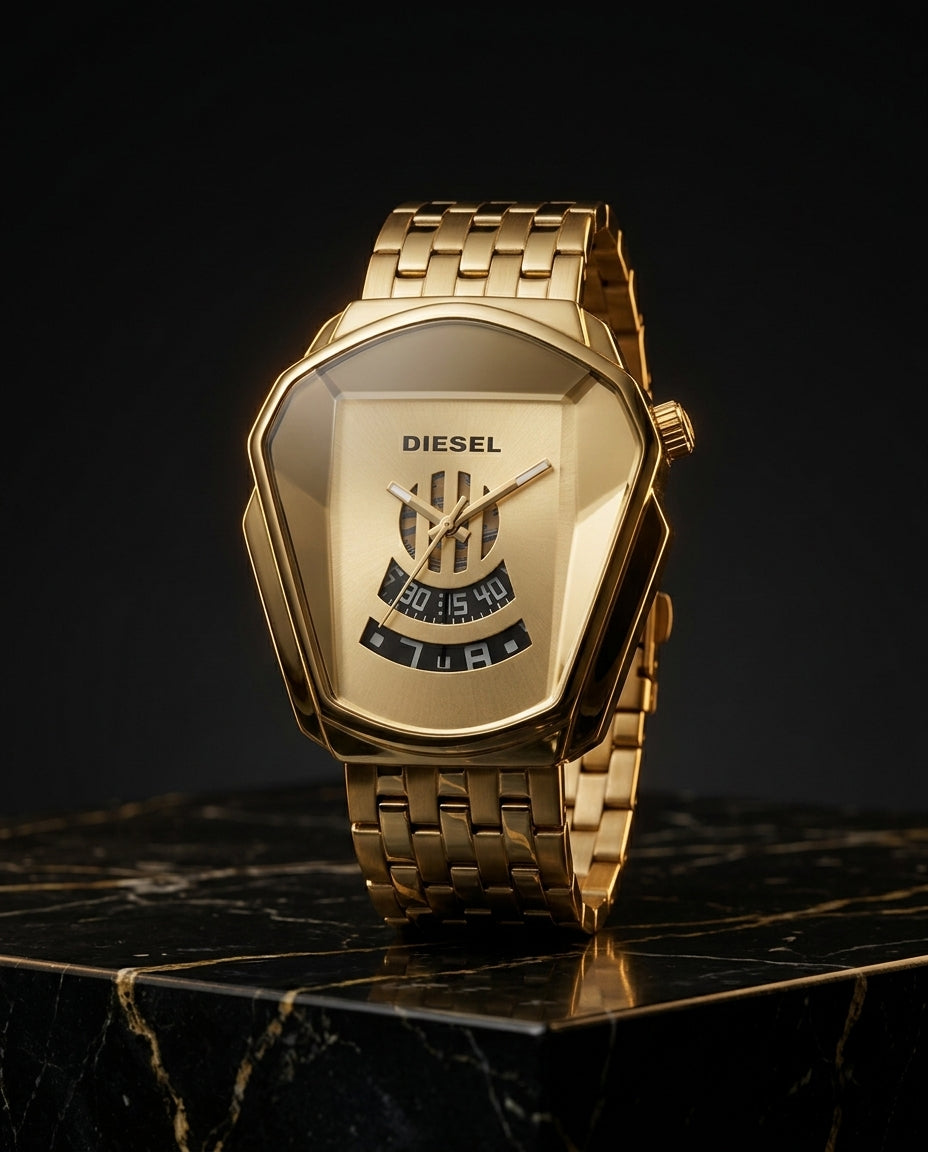Diesel gold metal strap men's watch displayed on black marble