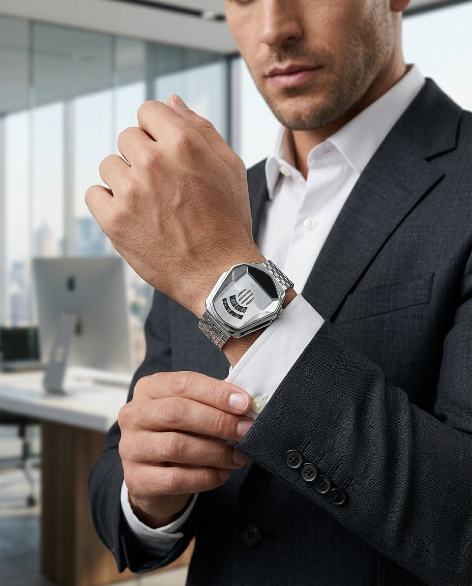 Diesel grey metal strap men's watch styled with a formal business suit