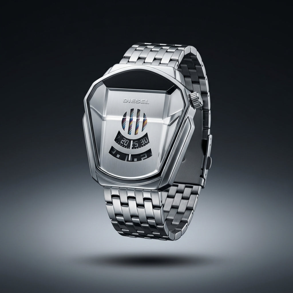 Diesel grey metal strap men's watch floating against a dark background