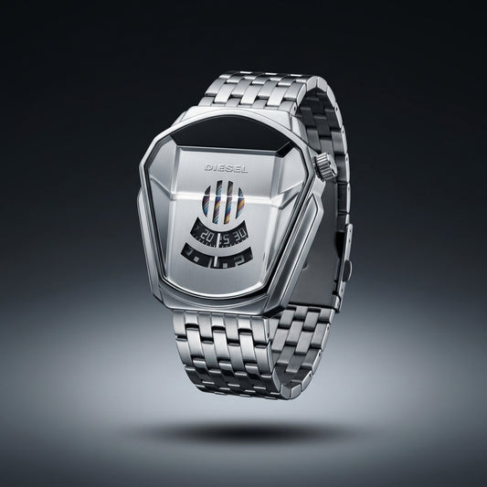 Diesel grey metal strap men's watch floating against a dark background