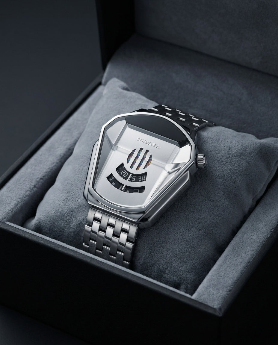 Diesel grey metal strap men's watch presented in a premium gift box
