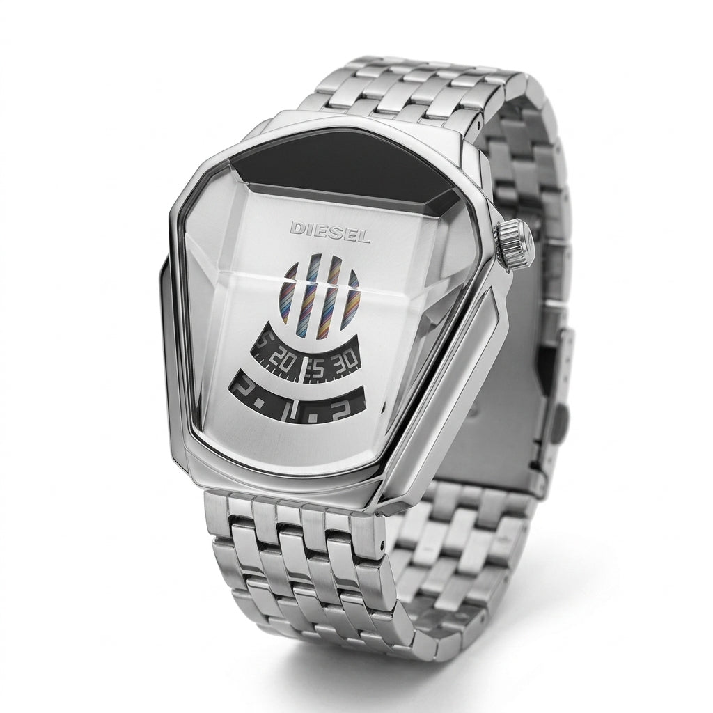 Diesel grey metal strap men's watch with a faceted case on a white background