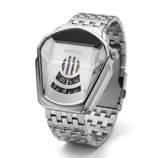 Diesel grey metal strap men's watch with a faceted case on a white background