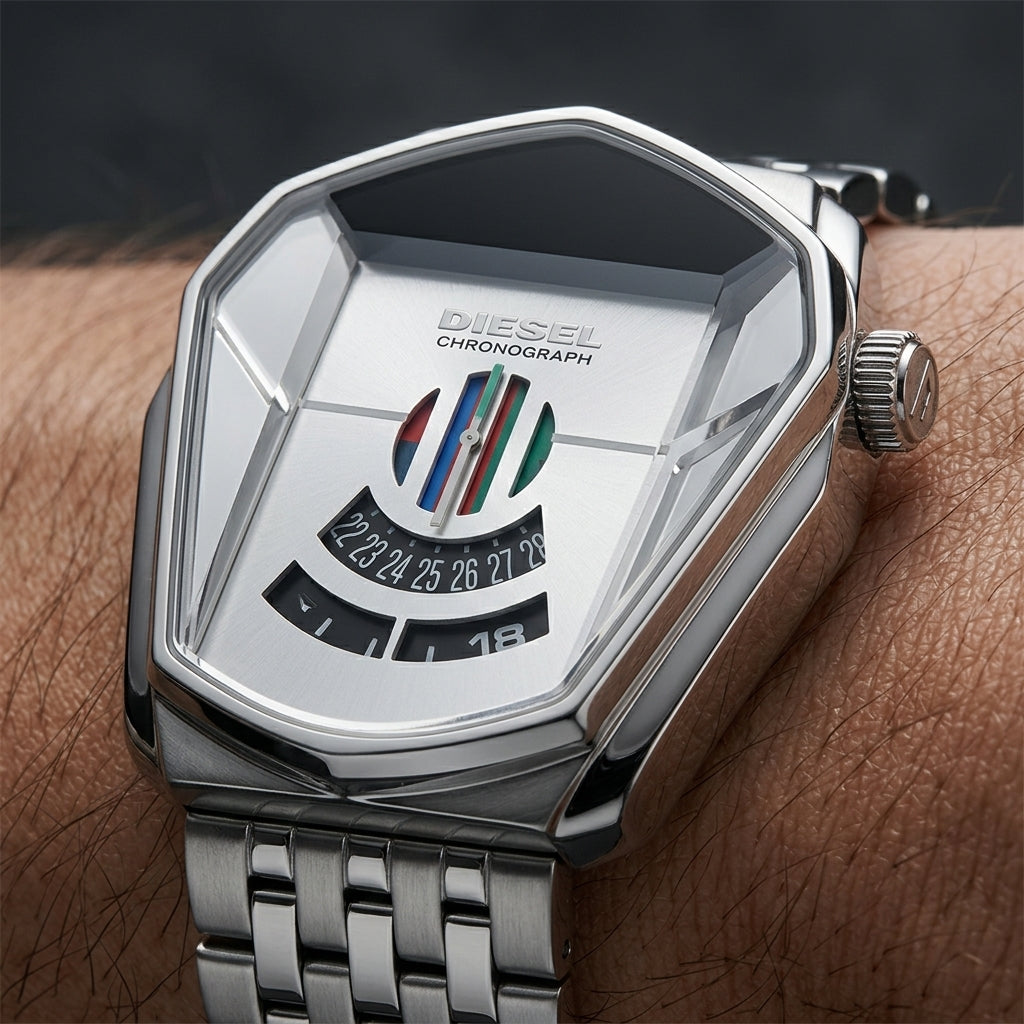 Close-up of Diesel grey metal strap men's watch worn on the wrist